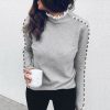 The Best Fashion Women Ladies Long Sleeve Lace Hollow T-shirt Turtleneck Pearl Top Autumn Winter Warm Casual Tee T-shirts Online - Hplify