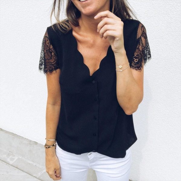 The Best Fashion Women Ladies Short Lace Sleeve V-Neck Chiffon Shirts Summer Beach Solid Casual Party Tops Blouse Hot Online - Hplify