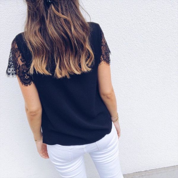 The Best Fashion Women Ladies Short Lace Sleeve V-Neck Chiffon Shirts Summer Beach Solid Casual Party Tops Blouse Hot Online - Hplify