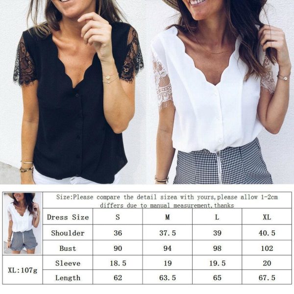 The Best Fashion Women Ladies Short Lace Sleeve V-Neck Chiffon Shirts Summer Beach Solid Casual Party Tops Blouse Hot Online - Hplify