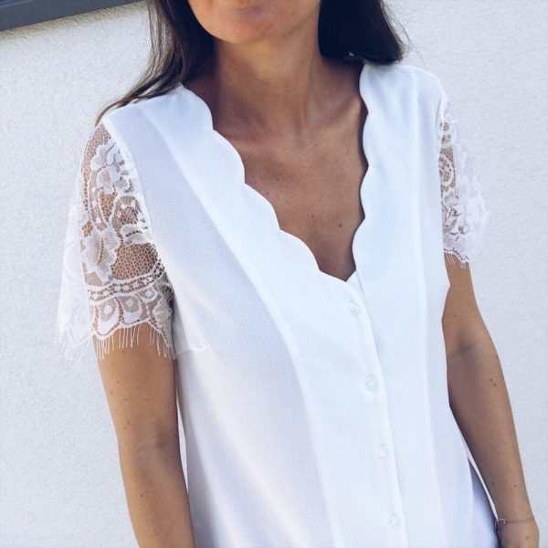 The Best Fashion Women Ladies Short Lace Sleeve V-Neck Chiffon Shirts Summer Beach Solid Casual Party Tops Blouse Hot Online - Hplify