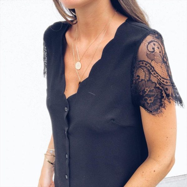 The Best Fashion Women Ladies Short Lace Sleeve V-Neck Chiffon Shirts Summer Beach Solid Casual Party Tops Blouse Hot Online - Hplify