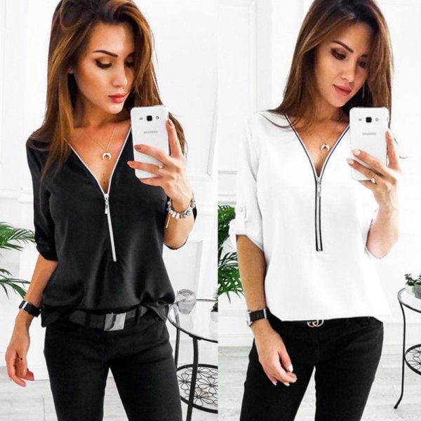 The Best Fashion Women Ladies Summer Chiffon Top V Collar Zipper Roll Up Long Sleeves Loose Solid Casual Shirts Hot Online - Hplify