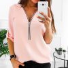 The Best Fashion Women Ladies Summer Chiffon Top V Collar Zipper Roll Up Long Sleeves Loose Solid Casual Shirts Hot Online - Hplify
