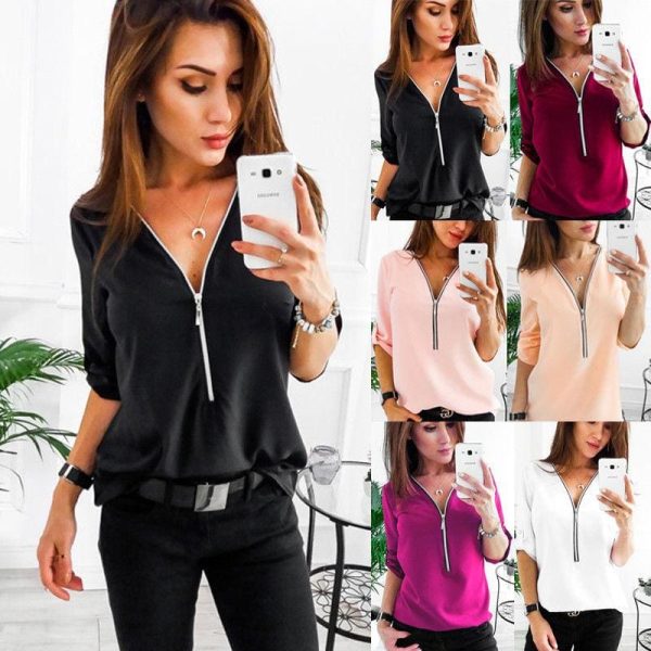 The Best Fashion Women Ladies Summer Chiffon Top V Collar Zipper Roll Up Long Sleeves Loose Solid Casual Shirts Hot Online - Hplify