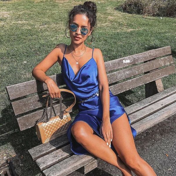 The Best Fashion Women Lady Sexy Satin Sling Dress Summer Sleeveless Strap Split Evening Party Club Long Dress Gown Online - Hplify