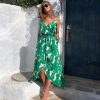 The Best Fashion Women Leaf print casual beach Bohemian Mid dress Ladies V neck Sleeveless Summer Boho dress vestidos Online - Hplify