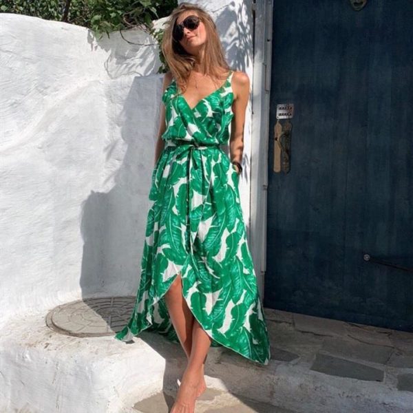 The Best Fashion Women Leaf print casual beach Bohemian Mid dress Ladies V neck Sleeveless Summer Boho dress vestidos Online - Hplify