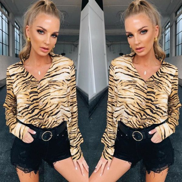 The Best Fashion Women Leopard Long Sleeve Casual Loose Tops Shirt Pocket Autumn New OL Ladies Button Shirts Tee Online - Hplify