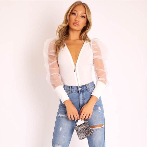 The Best Fashion Women Leotard Bodysuit Tops Autumn Ladies Mesh Zipper Puff Sleeve Solid Romper Jumpsuit Clubwear Online - Hplify