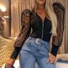 The Best Fashion Women Leotard Bodysuit Tops Autumn Ladies Mesh Zipper Puff Sleeve Solid Romper Jumpsuit Clubwear Online - Hplify