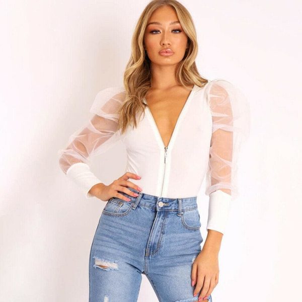 The Best Fashion Women Leotard Bodysuit Tops Autumn Ladies Mesh Zipper Puff Sleeve Solid Romper Jumpsuit Clubwear Online - Hplify