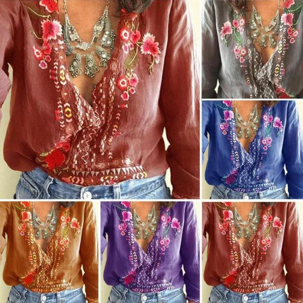 The Best Fashion Women Long Sleeve V-Neck Blouses Ladies Summer Floral Printed Casual V-Neck Loose Tops Shirt Plus Size Online - Hplify