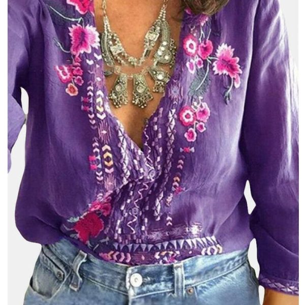 The Best Fashion Women Long Sleeve V-Neck Blouses Ladies Summer Floral Printed Casual V-Neck Loose Tops Shirt Plus Size Online - Hplify