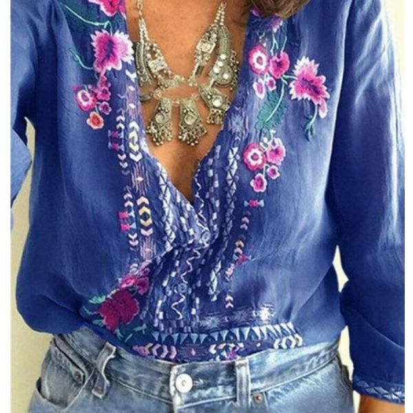 The Best Fashion Women Long Sleeve V-Neck Blouses Ladies Summer Floral Printed Casual V-Neck Loose Tops Shirt Plus Size Online - Hplify