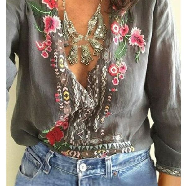 The Best Fashion Women Long Sleeve V-Neck Blouses Ladies Summer Floral Printed Casual V-Neck Loose Tops Shirt Plus Size Online - Hplify