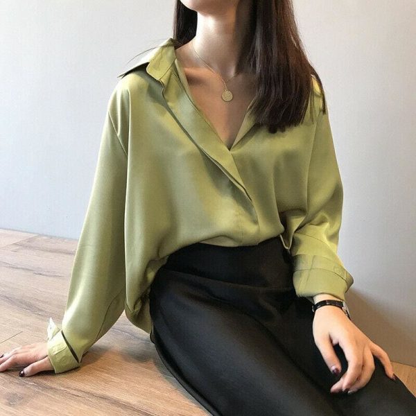 The Best Fashion Women Fashion Long Sleeves Satin Blouse Top Casual Female Lapel Street Shirts Elegant Imitation Silk Blouse Online - Hplify