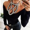 The Best Fashion Women Sexy Hollow Solid Off Shoulder Long Sleeve Slim Fit Casual Blouse Top Shirt Autumn Clothes Online - Hplify