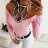 The Best Fashion Women Sexy Hollow Solid Off Shoulder Long Sleeve Slim Fit Casual Blouse Top Shirt Autumn Clothes Online - Hplify