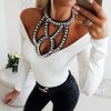 The Best Fashion Women Sexy Hollow Solid Off Shoulder Long Sleeve Slim Fit Casual Blouse Top Shirt Autumn Clothes Online - Hplify
