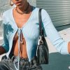 The Best Fashion Women Sexy Open Chest Bow Long Sleeve Tops Crop Tees Exposed Navel Slim Hot Summer Beach Holiday Unique Shirts Online - Hplify