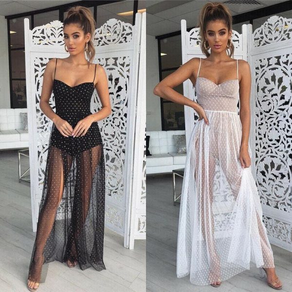 The Best Fashion Women Sexy Polka Dots Slit Ladies See-Through Long Dress 2019 Summer Party Beach Dress Sundress Online - Hplify