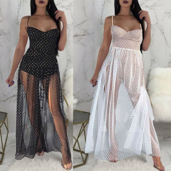 The Best Fashion Women Sexy Polka Dots Slit Ladies See-Through Long Dress 2019 Summer Party Beach Dress Sundress Online - Hplify