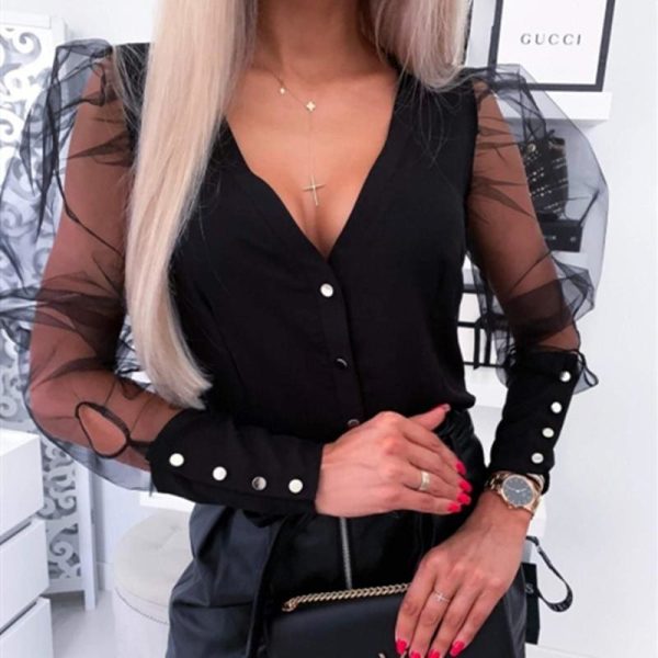 The Best Fashion Women Sheer Mesh Puff Long Sleeve Blouse Shirt Ladies Summer Autumn Casual Button Blouse Tops Tee Online - Hplify