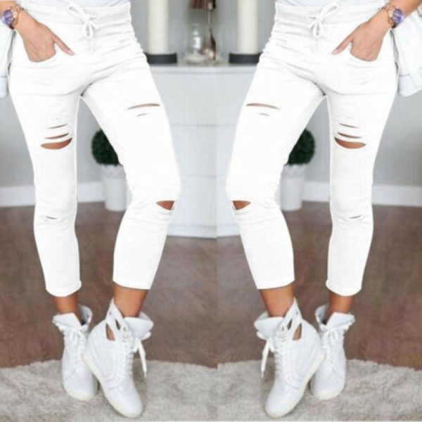 The Best Fashion Women Skinny Ripped Holes Jeans High Waist Stretch Slim Pencil Trousers Casual Solid Shredded leggings Pants Online - Hplify