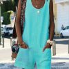 The Best Fashion Women Sleeveless Linen V-Neck Pockets Rompers Summer New Ladies Solid Playsuits Holiday Casual Playsuit Plus Size Online - Hplify