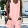 The Best Fashion Women Sleeveless Linen V-Neck Pockets Rompers Summer New Ladies Solid Playsuits Holiday Casual Playsuit Plus Size Online - Hplify