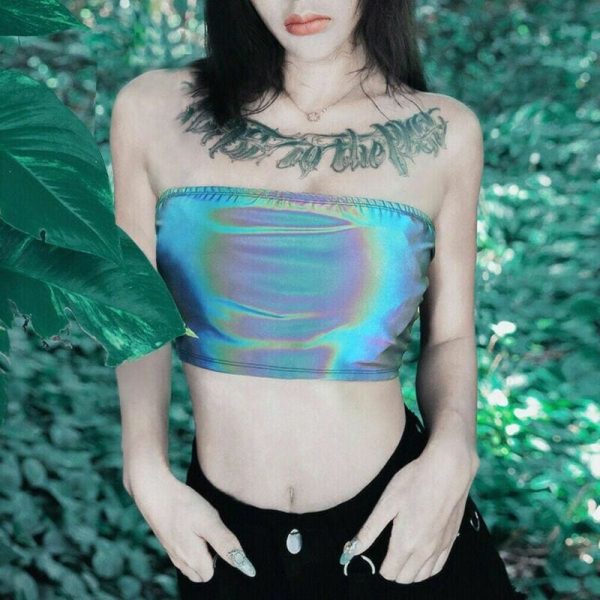 The Best Fashion Women Sleeveless Reflective Crop Vest Colorfull Printed Backless Laser Bra Bustier Cami Crop Tank Tops Online - Hplify