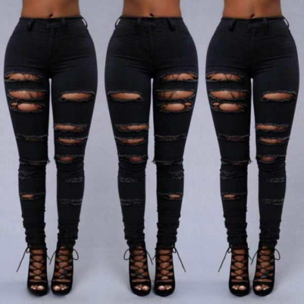 The Best Fashion Women Stretch Elastic High Waist Pants Women Casual Slim Distressed Ripped Skinny Leg Jeans Long Trouser Online - Hplify