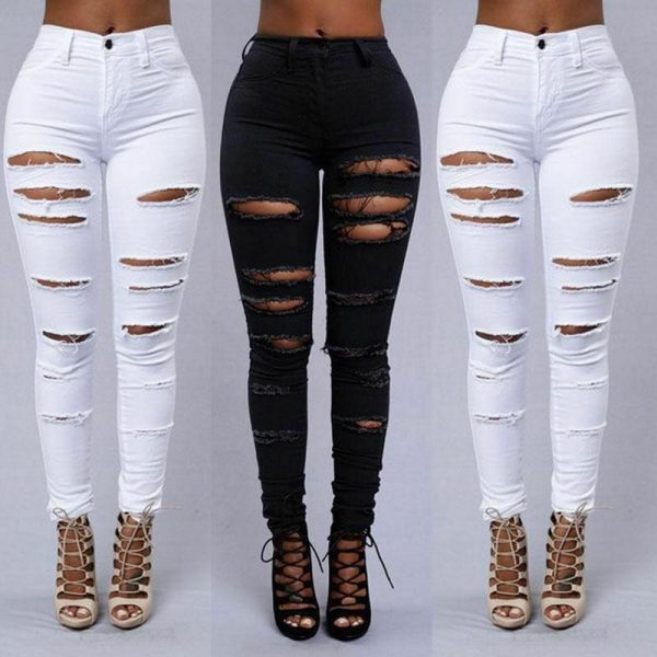 The Best Fashion Women Stretch Elastic High Waist Pants Women Casual Slim Distressed Ripped Skinny Leg Jeans Long Trouser Online - Hplify