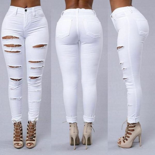 The Best Fashion Women Stretch Elastic High Waist Pants Women Casual Slim Distressed Ripped Skinny Leg Jeans Long Trouser Online - Hplify