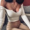 The Best Fashion Women Summer Autumn Casual Tops Vest Off Shoulder Long Sleeve T-Shirt Simple Skinny Slim Fit Sexy Tees Online - Hplify