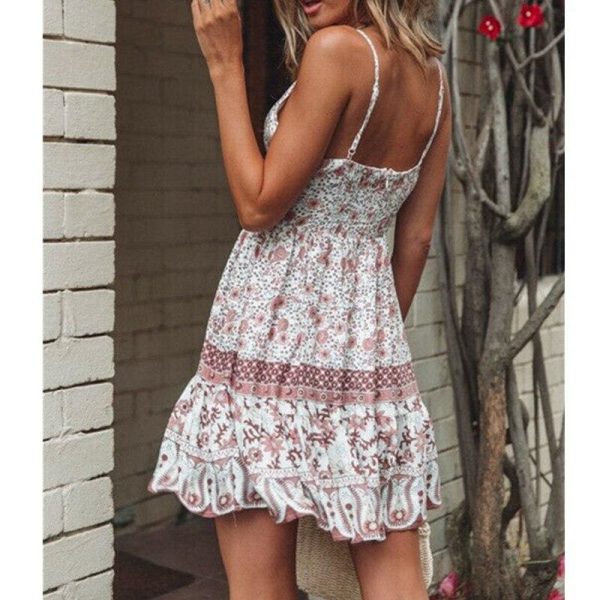 The Best Fashion Women Summer Boho Short Mini Dress Party Ladies Casual Sleeveless V Neck Beach Dress Sundress Online - Hplify