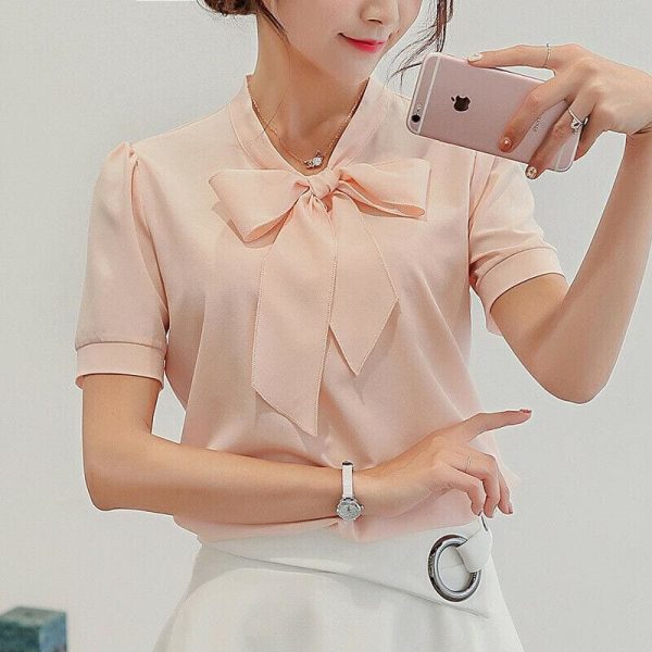 The Best Fashion Women Summer Chiffon Slim Fit Short Sleeve Office Lady Solid Casual V-Neck Shirt Tops Blouse Shirt New Online - Hplify