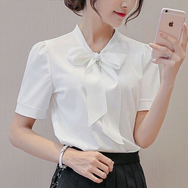 The Best Fashion Women Summer Chiffon Slim Fit Short Sleeve Office Lady Solid Casual V-Neck Shirt Tops Blouse Shirt New Online - Hplify