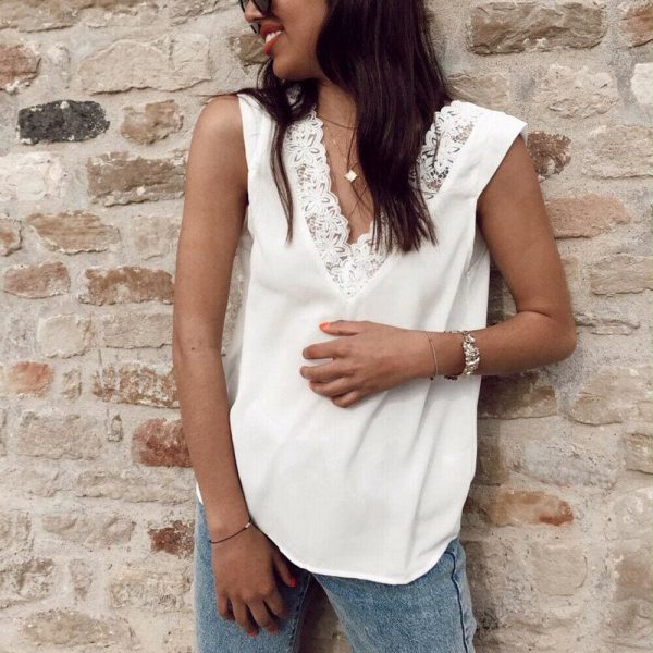 The Best Fashion Women Summer Loose Backless Lace Vest Top Ladies Sleeveless Sexy V-Neck Casual Blouse Tank Tops Shirt Online - Hplify