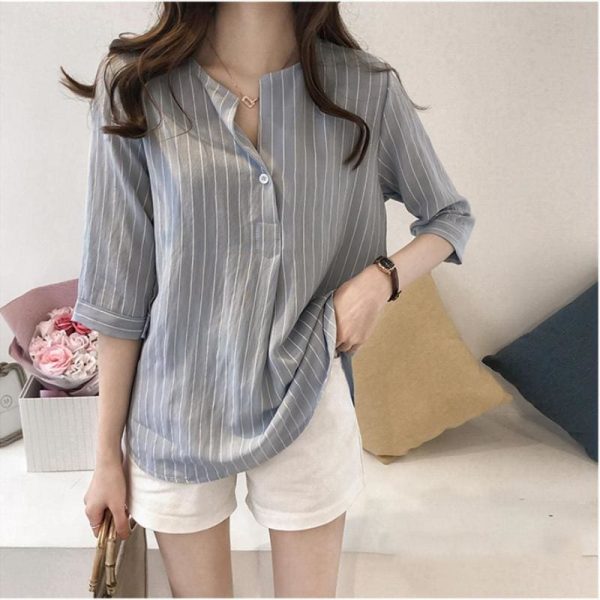 The Best Fashion Women Summer Stripe Long Sleeve Shirt OL Ladies Loose Button Casual Blouse Tops Plus Size Women Clothes Online - Hplify