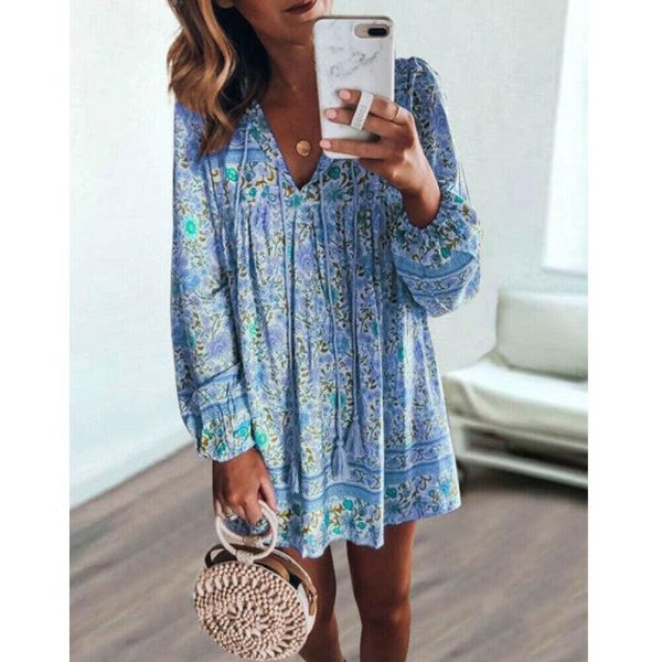 The Best Fashion Women Vintage Boho Loose Dress Bohemian Ladies Summer Long Sleeve Baggy Sundress Beach Holiday Wear Online - Hplify