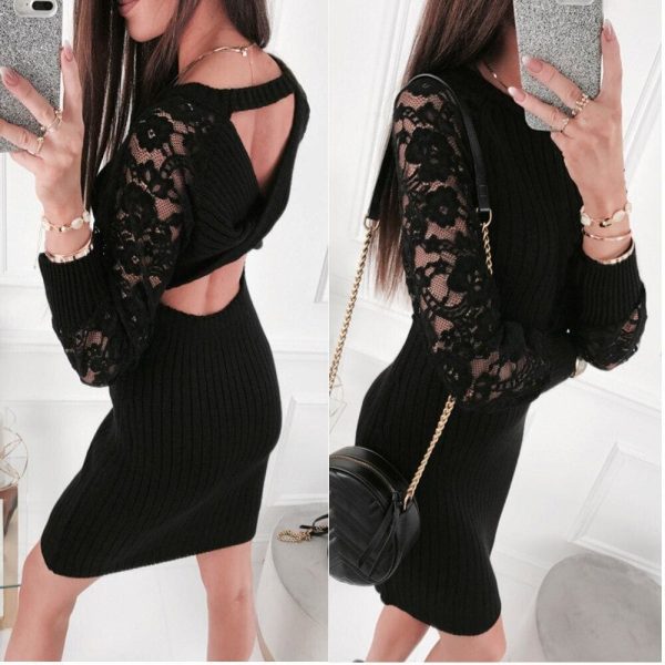 The Best Fashion Women's Lace Bodycon Mini Dress Sexy Lady Hollow Out Backless Dress Autumn Knitted Long Sleeve Warm Dress Online - Hplify