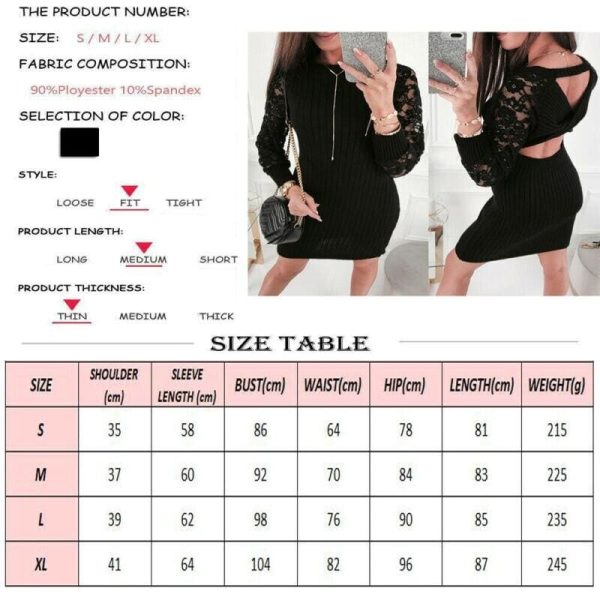 The Best Fashion Women's Lace Bodycon Mini Dress Sexy Lady Hollow Out Backless Dress Autumn Knitted Long Sleeve Warm Dress Online - Hplify