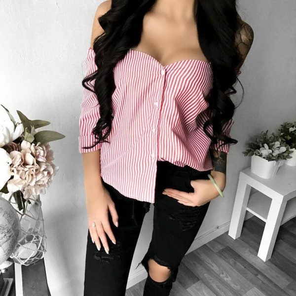 The Best Fashion Women's Off Shoulder Long Sleeve Striped Loose Blouse Ladies Casual Summer Tops Shirt Women Clothes Online - Hplify