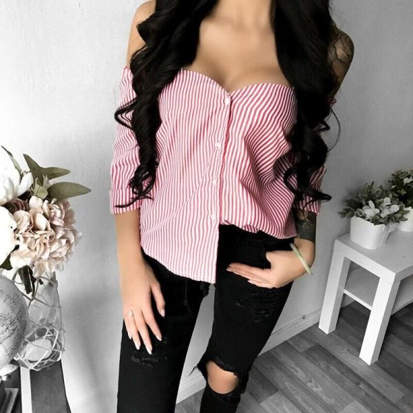 The Best Fashion Women's Off Shoulder Long Sleeve Striped Loose Blouse Ladies Casual Summer Tops Shirt Women Clothes Online - Hplify