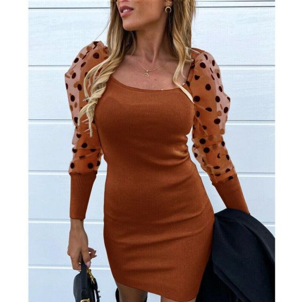 The Best Fashion Women's Ruffle Mesh Polka Dots Long Sleeve Bodycon Dress Autumn Ladies Evening Party Slim Fit Mini Dress Online - Hplify