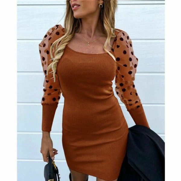 The Best Fashion Women's Ruffle Mesh Polka Dots Long Sleeve Bodycon Dress Autumn Ladies Evening Party Slim Fit Mini Dress Online - Hplify