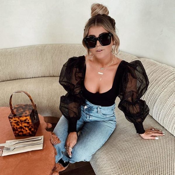 The Best Fashion Women's Slim Bodycon Bodysuit Ladies Casual Puff Long Sleeve Bandage Jumpsuit Romper Leotard Top Online - Hplify