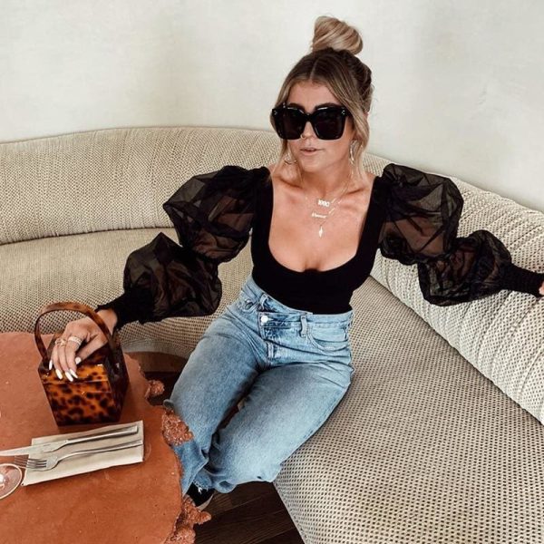 The Best Fashion Women's Slim Bodycon Bodysuit Ladies Casual Puff Long Sleeve Bandage Jumpsuit Romper Leotard Top Online - Hplify